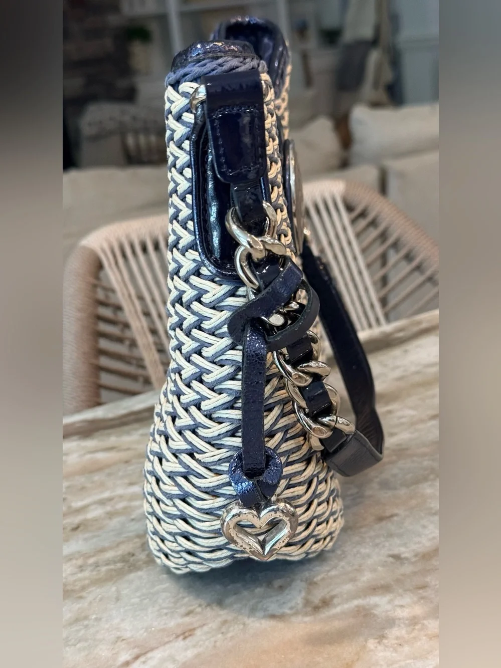 Vintage BRIGHTON Jani navy and cream woven summer charm shoulder handbag